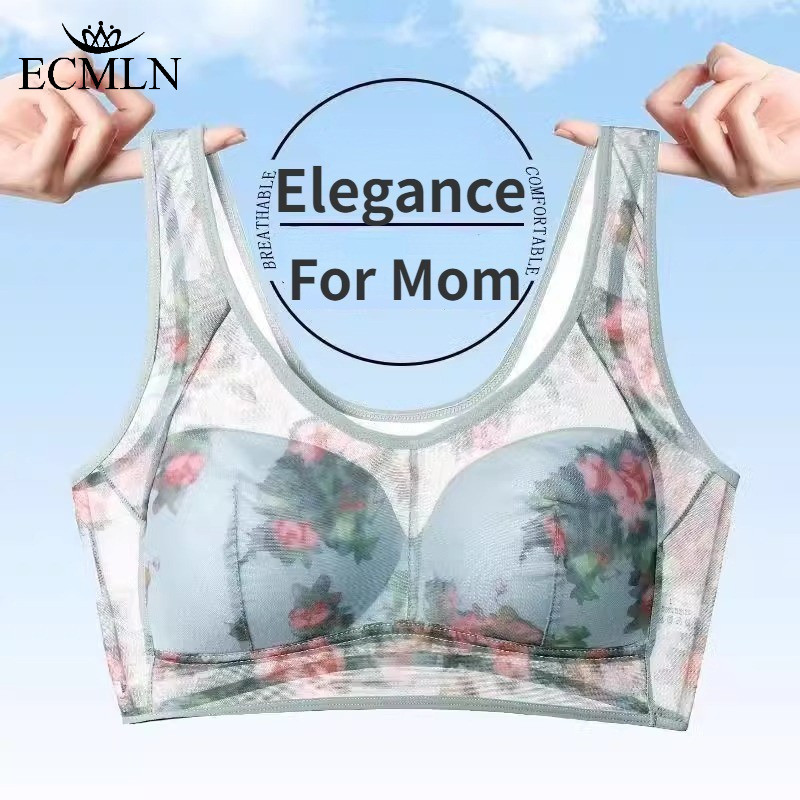 Ecmln Fixed Cup Plus Size Vest Style Print Buckleless and Rimless Lace Bra for Mom
