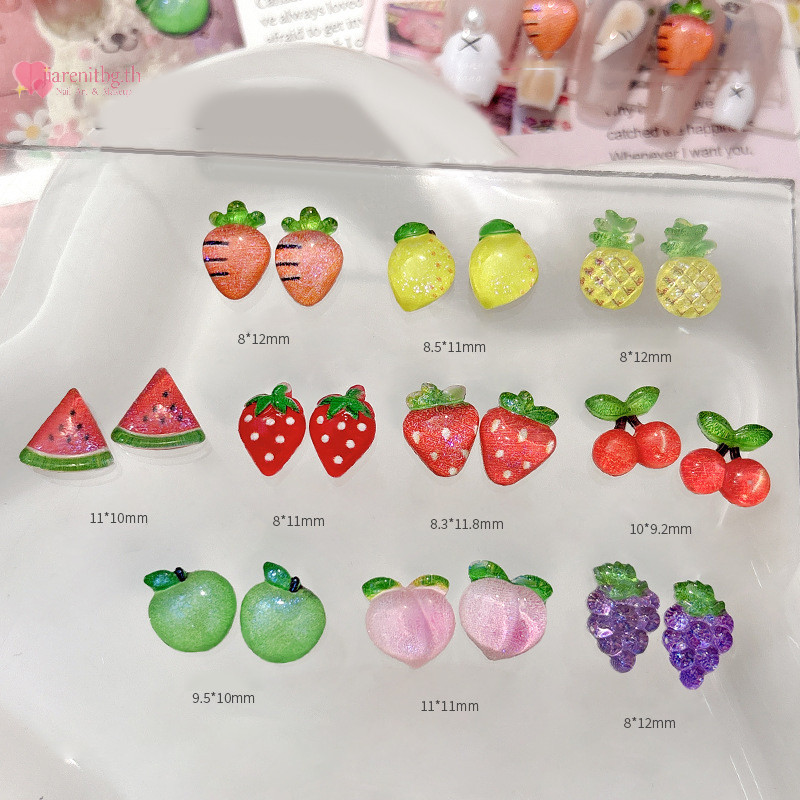 Renbg 10PCS 3D ผลไม้เล็บ Ch พีชเชอร์รี่สตรอเบอร์รี่ Kawaii อุปกรณ์เสริมฤดูร้อนตกแต่งเล็บออกแบบวัสดุเครื่องมือ TH
