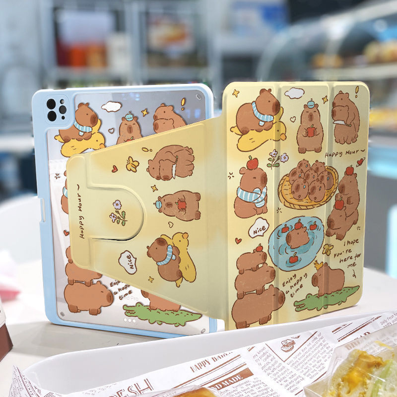เคส Ipad 360 ° Rotationapple Bath Capybara เหมาะสําหรับอะคริลิค iPad Air6 Gen7/8/9 10.2 Gen5/6 9.7 Air4 Air5 10.9 Pro11 Gen10 Triple พับ iPad Cover