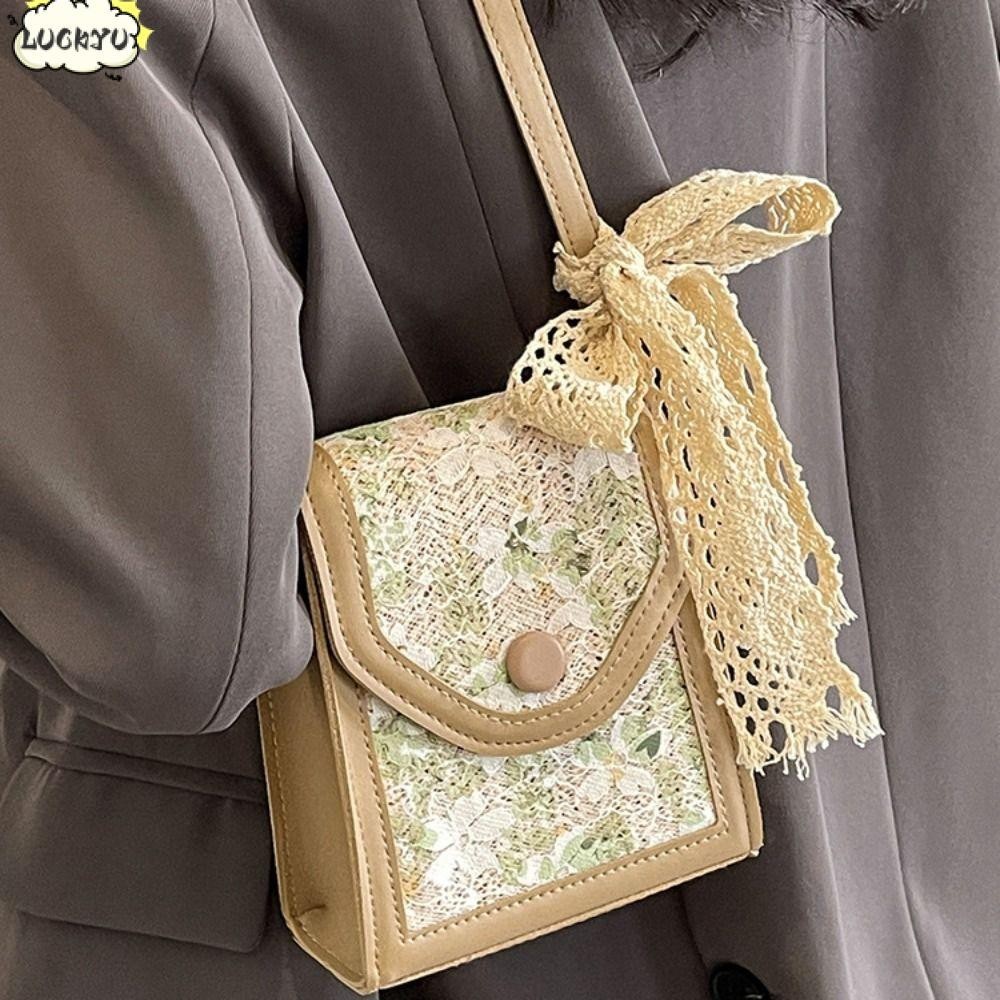 Luckyu Straw Plated Phone Bag, กระเป๋าสะพายชายหาดทอแบบลําลอง, กระเป๋าสะพายข้างลูกไม้ขนาดเล็กแบบฟาง