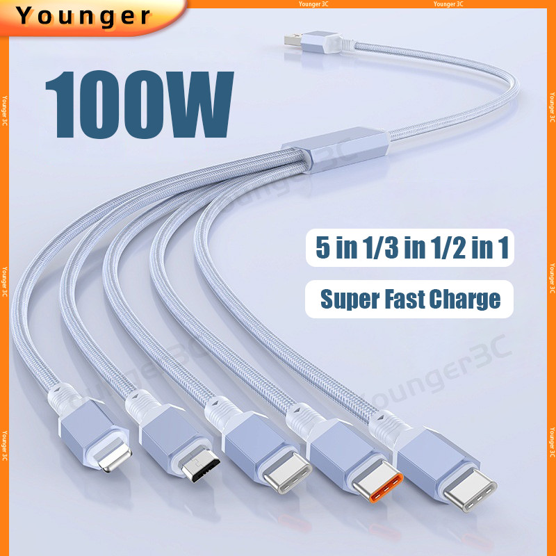 100w 5 In 1 Super Fast สายชาร์จ 1.2M 3 In 1 Weave Data Line 6A 2 In 1 USB A To ios15 Type C Micro Charger สายไฟ
