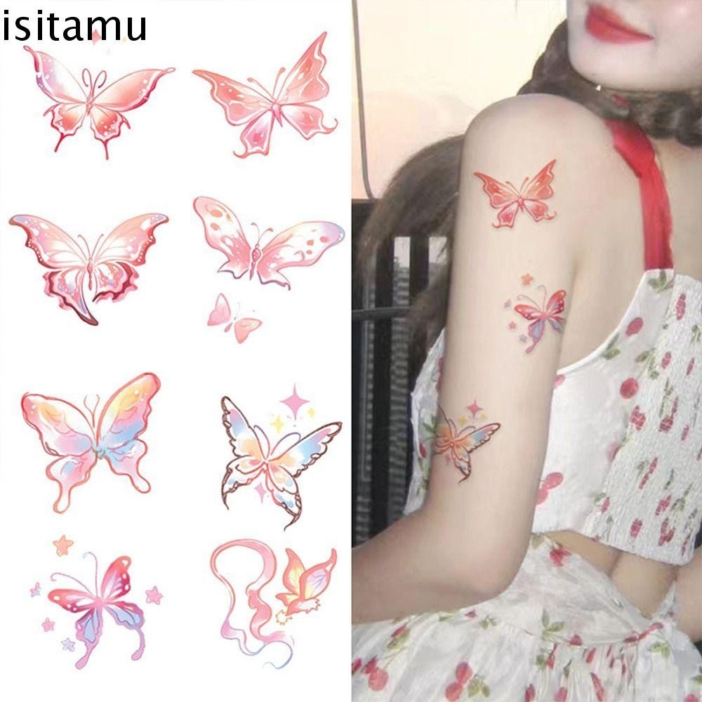 Isitaft สติ๊กเกอร์รอยสักชั่วคราว, สติ๊กเกอร์ศิลปะร่างกายเมฆหวาน, Kawaii สีชมพู INS ผีเสื้อแต่งหน้า Tattoo Decals ผู้หญิง