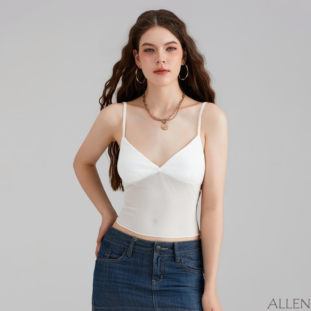 Allen-women Camisole Spaghetti Straps V คอ Tulle Patchwork Slim Fit ฤดูร้อน Tops สําหรับ Party Club