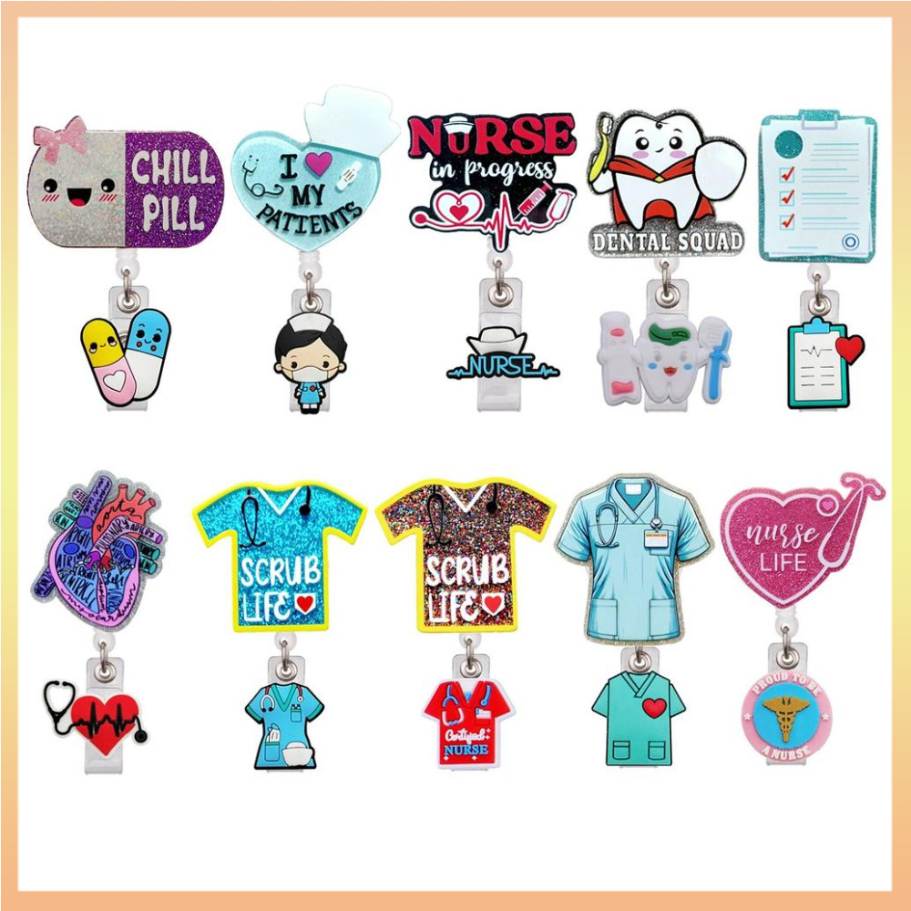Medical Acrylic Glitter Pill ทันตกรรม Retractable Badge Reel หมุนได้จระเข้คลิป ID Badge Holder สําหรับพยาบาลหมอ