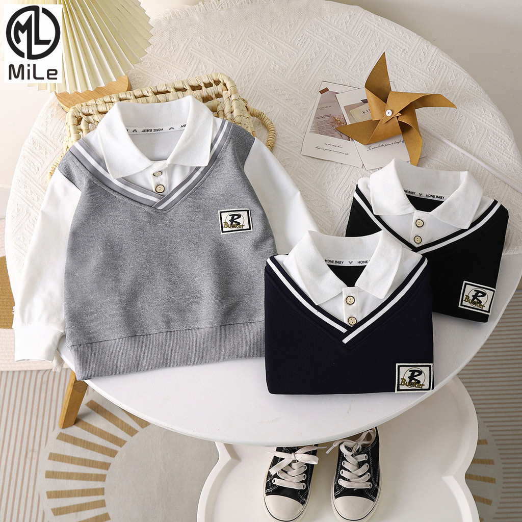 [ML] 90-160 ซม.ชายเสื้อโปโลปกฤดูใบไม้ร่วงใหม่สไตล์เสื้อกันหนาวสไตล์อังกฤษปลอมสองชิ้นกลางเด็กใหญ่แฟชั่นทุกการแข่งขัน