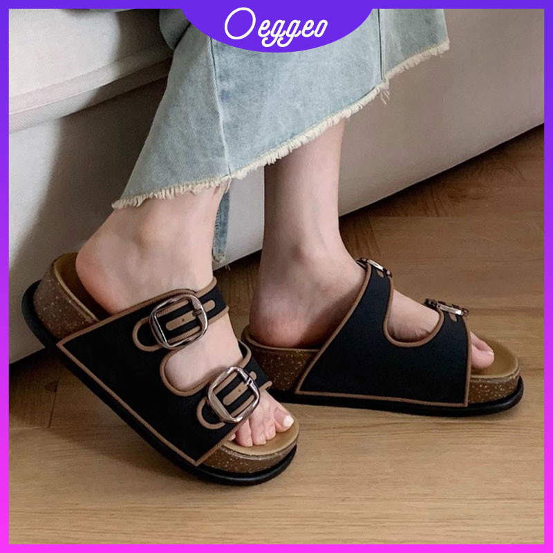 Oeggeo shop รองเท้าแตะชิ้นเดียวแฟชั่นสําหรับใส่ด้านนอก รองเท้าส้นแบนพื้นหนา เข็มขัดคู่ รองเท้าแตะ Bo