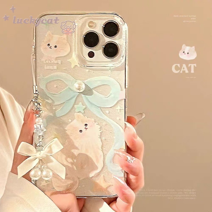 Iphone 15 14 13 12 11 Pro Max X XR XS Max 7 8 6 6s Plus SE2020 เคสโทรศัพท์ Ins Blue Bow Pear Cat Bling Clear Soft Cover