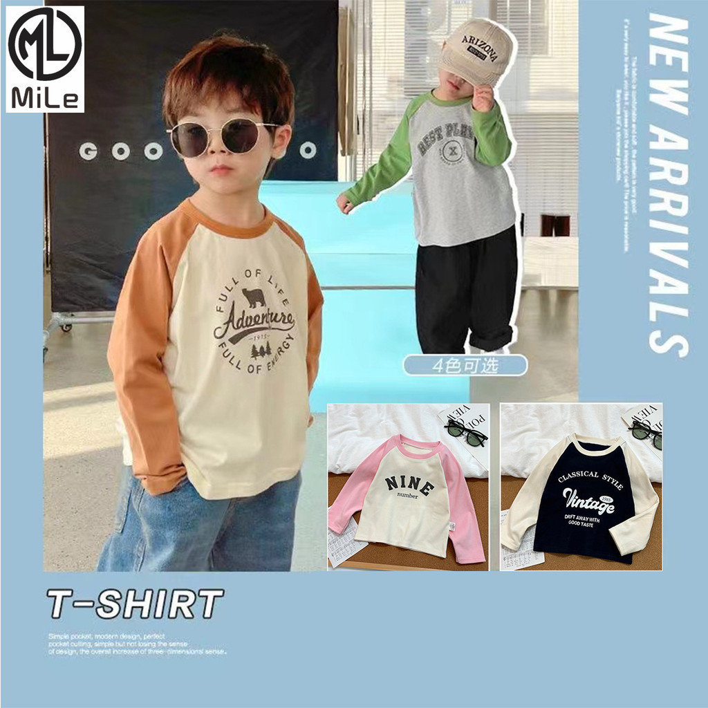 [มล] 80-160ซม สไตล์ใหม่เด็กแขนยาวเสื้อยืดตัวอักษรฤดูใบไม้ผลิฤดูใบไม้ร่วงสไตล์เยอรมันกํามะหยี่บางด้านบนพิมพ์เย็บ จุดต่ําสุด เสื้