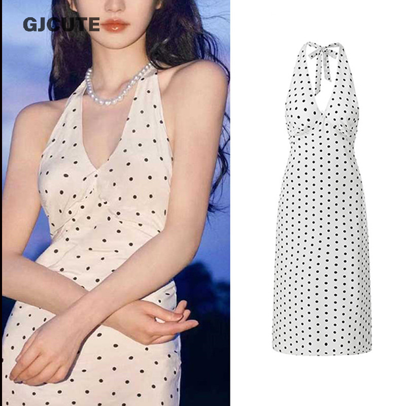 Gjcute Polka Dot Halter ชุดเดรสผู้หญิงเซ็กซี่ Backless A-line Holiday Party ฤดูร้อนชุด WTD