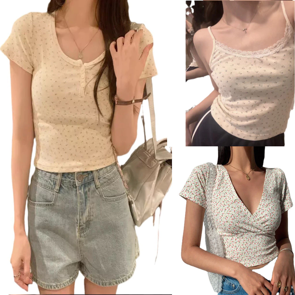 Fulllove เสื้อครอปแขนสั้นลายดอกไม้ สไตล์เกาหลี