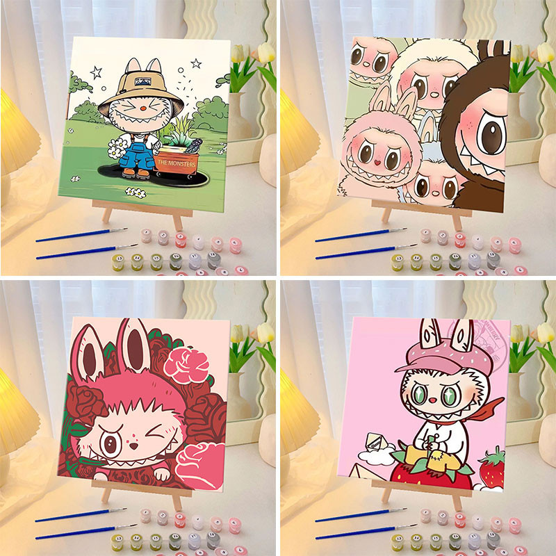 พร้อมส่งงงงค่า 20*20ซม.LABUBU ภาพวาดสีน้ำมันแบบดิจิตอล DIY ระบายสีตามเลข พร้อมโครงรับแรงดึง