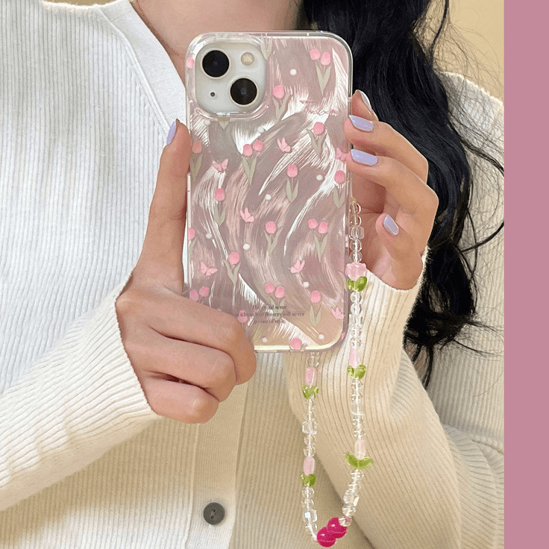 เคสซัมซุง for Samsung Galaxy S25 S24 Plus S23 S22 Ultra S21 S20 FE A51 A71 A32 M32 A21S A31 5G A50 A50S A30S A20 A30 A05S A05 A11 M11 A03S A03 A04 A04E 4G Tiny Pink Tulips Polka Dots Pretty Floral Bracelet Chain Flower Lanyard Phone Case YS 29