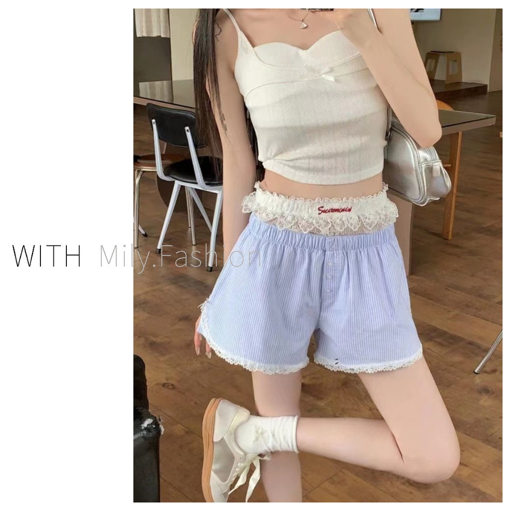 Milyfashion สาวร ้ อนเซ ็ กซี ่ ปักบรรยากาศรู ้ สึกกางเกงลูกไม ้ สีขาวด ้ านใน Bottoming กีฬากางเกงลําลองเอวยางยืดลายกางเกงขาสั ้ น