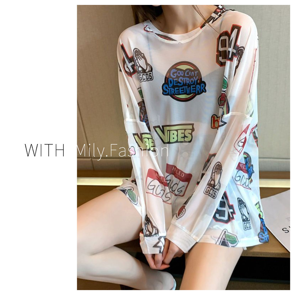 เสื้อยืดแขนยาว ผ้าตาข่าย กันแดด ทรงหลวม สไตล์เกาหลี แฟชั่นฤดูร้อน สําหรับผู้หญิง