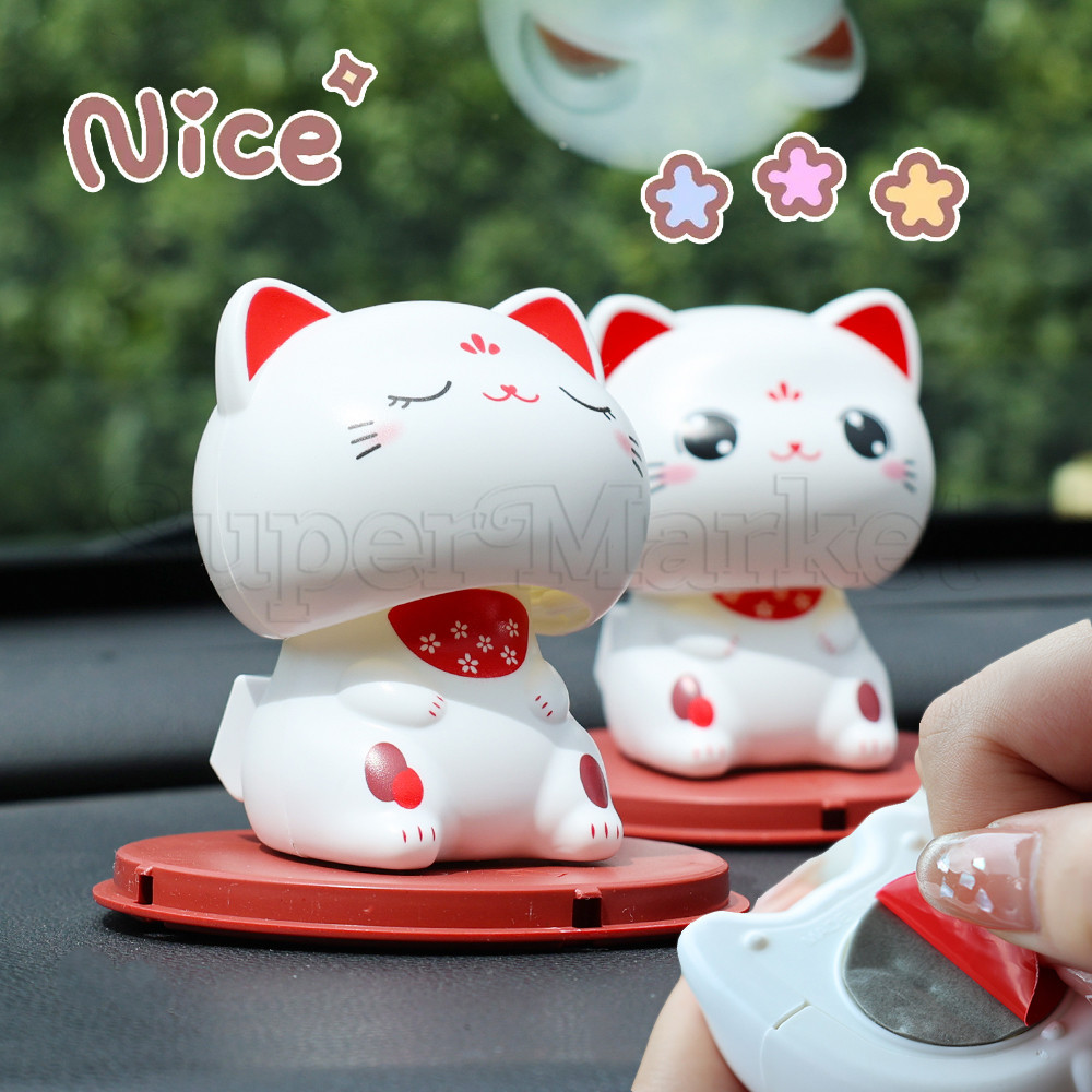 [ ที่โดดเด่น ] เครื่องประดับรถยนต์แมวนําโชค - แมวหัวพยักหน้าน่ารัก - งานฝีมือสัตว์การ์ตูน - พลังงานแสงอาทิตย์, พลาสติก, ฐานกาว - ตกแต่งคอนโซลกลางรถ