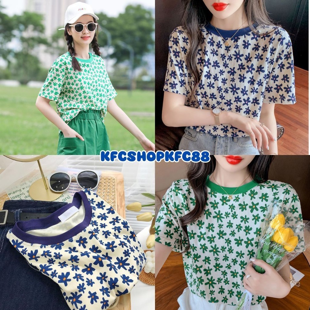 🌟KFC🌟 เสื้อยืดคอกลมแขนสั้น ฟรีไซส์ พิมพ์ลายดอกไม้ ใส่สบาย ผ้านิ่ม #C016