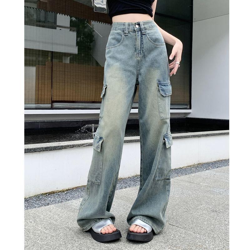 lucky yj XS-XXL ใหม่กางเกงขากว้างทรงตรงหลายกระเป๋าสไตล์อเมริกันย้อนยุคอินเทรนด์