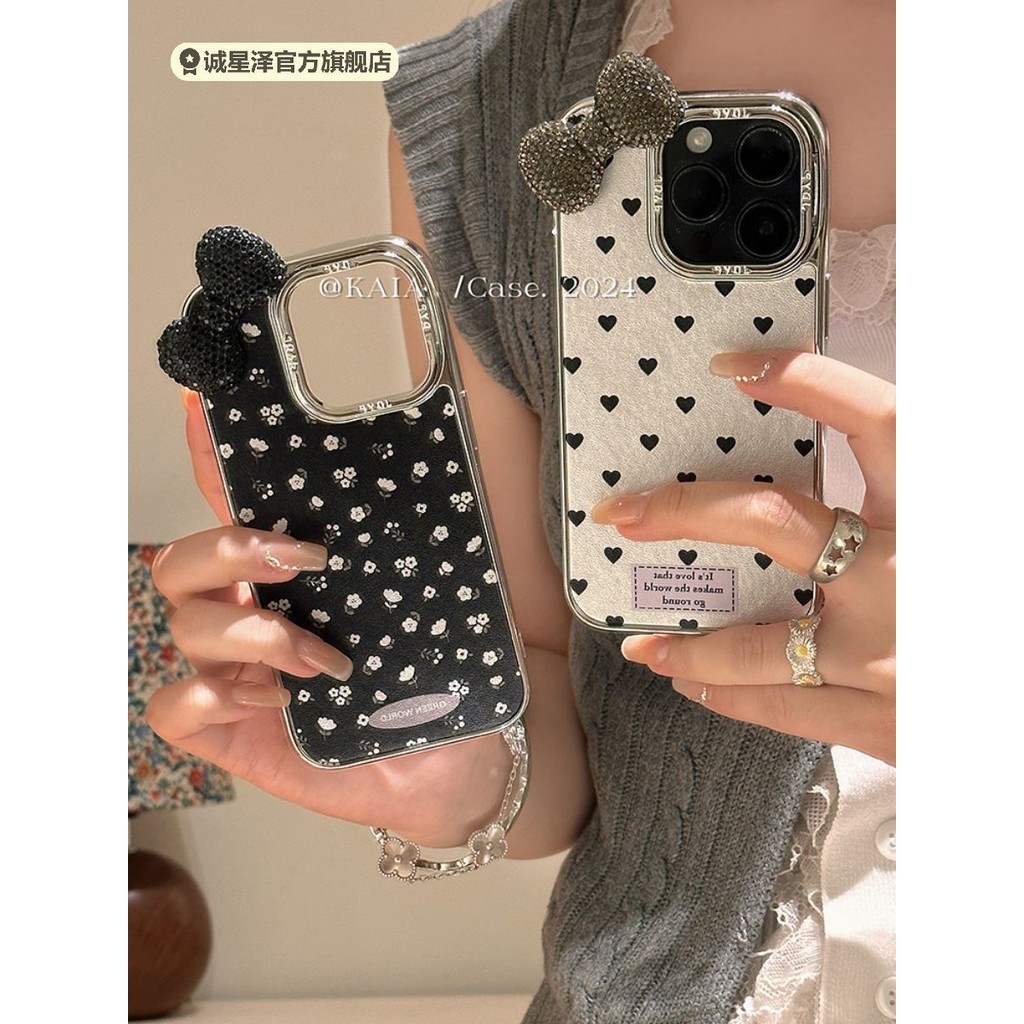ญี่ปุ่นและเกาหลี INS Love Heart ดอกไม้ Spot เจาะโบว์สำหรับ Iphone15เคสโทรศัพท์14PROMAX Apple 13/12ป้องกัน Case