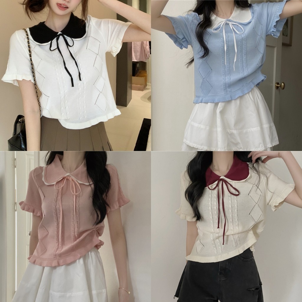 Anne เสื้อยืด ไหมพรม คอตุ๊กตา แขนสั้น สไตล์ใหม่ แต่งโบว์ เสื้อครอป สไตล์ลำลอง น่ารักๆ ใส่สบาย #MT717-1