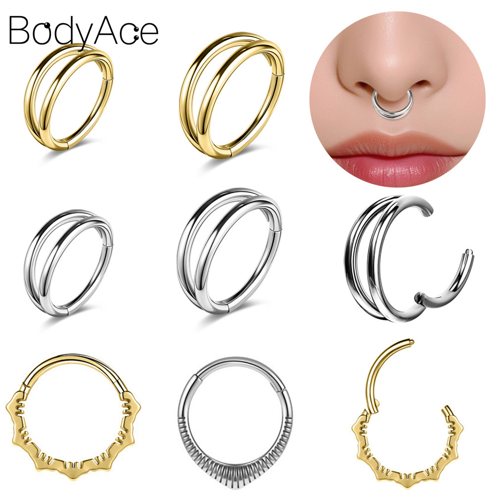 Bodyace 1 Pc 16G/18G แหวนจมูกสแตนเลส Nostrail เจาะรอบ Septum เจาะเงินจมูก Clicker