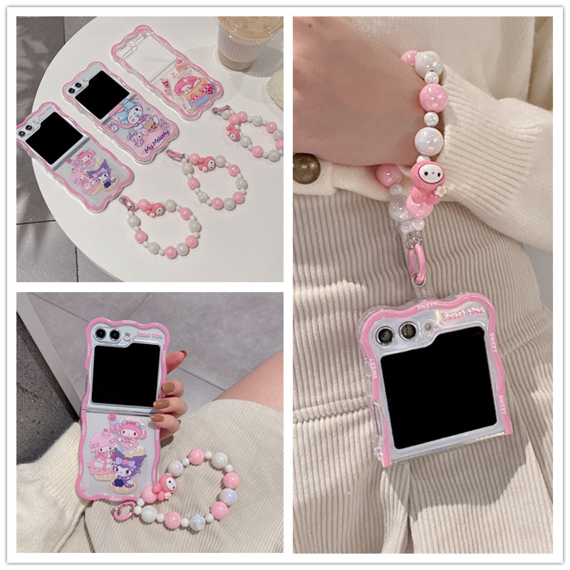 SAMSUNG กรอบคลื่นภาพวาดการ์ตูนเคสซิลิโคน ทีพียู แบบนุ่มพร้อมสร้อยข้อมือลูกปัด ซัมซุง กาแลคซี Z พลิก 6 พลิก 5 พลิก 4 3ขอบหยักปลอกใสพร้อมเชือกเส้นเล็กใสกลับกันกระแทกฝา