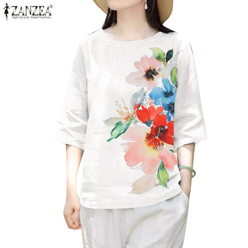 ZANZEA ใส่ ซานเซีย ผู้หญิงเกาหลีสบายๆดอกไม้ครึ่งแขนหลวมพิมพ์รอบคอออกแบบเสื้อ