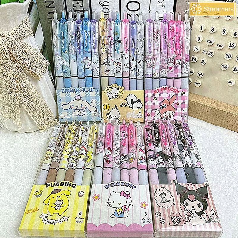 {Streamers} 6 ชิ้น Creative Kawaii การ์ตูนเจลปากกาน่ารักอะนิเมะกดปากกาทนทาน Smooth Wrig ปากกานักเรียนเครื่องเขียนอุปกรณ์สํานักงานใหม่