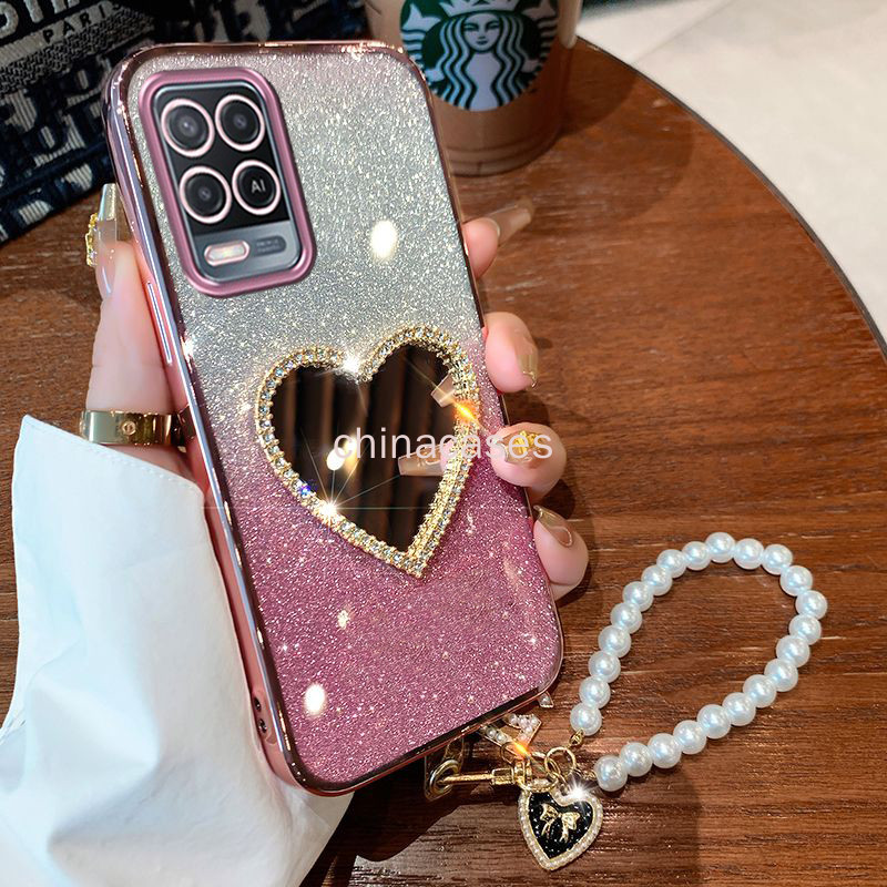 หรูหราแฟลชชุบ ต่อต้าน ก54 4ก เคสโทรศัพท์ฝาครอบโปร่งใสมุกรักกระจกแต่งหน้าพร้อมสร้อยข้อมือ