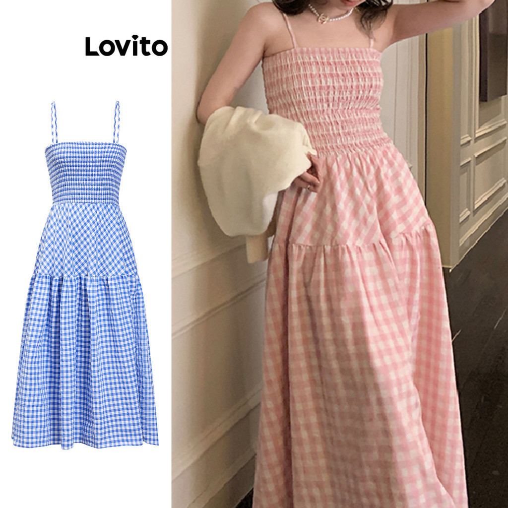 Lovito เดรสลำลองลายตาราง แต่งสม็อก ระบาย สายสปาเกตตี สำหรับสตรีLNE16030 (หลากสี)