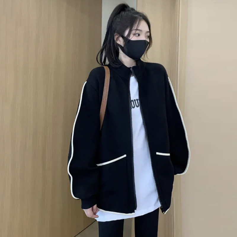 เสื้อผ้าผู้หญิงพลัสไซส์ฤดูใบไม้ผลิและฤดูใบไม้ร่วงเสื้อคาร์ดิแกนสีดำทรงหลวมใส่แล้วดูผอมแมทช์ลุคง่ายเสื้อโค้ทบางผู้หญิงอ้วน MM Oh Ma Jihuan's fyq2