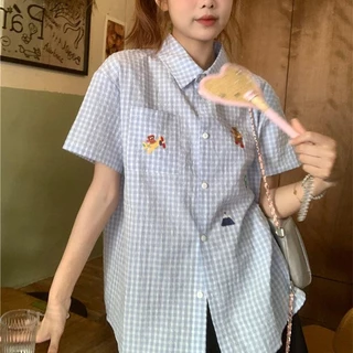 🌻Grace🌻 เสื้อแขนสั้นลายหมีน่ารัก เสื้อลายสก๊อตสีฟ้า ผ้าคอตตอนสวมใส่สบาย เสื้อผ้าสไตล์เกาหลี W439