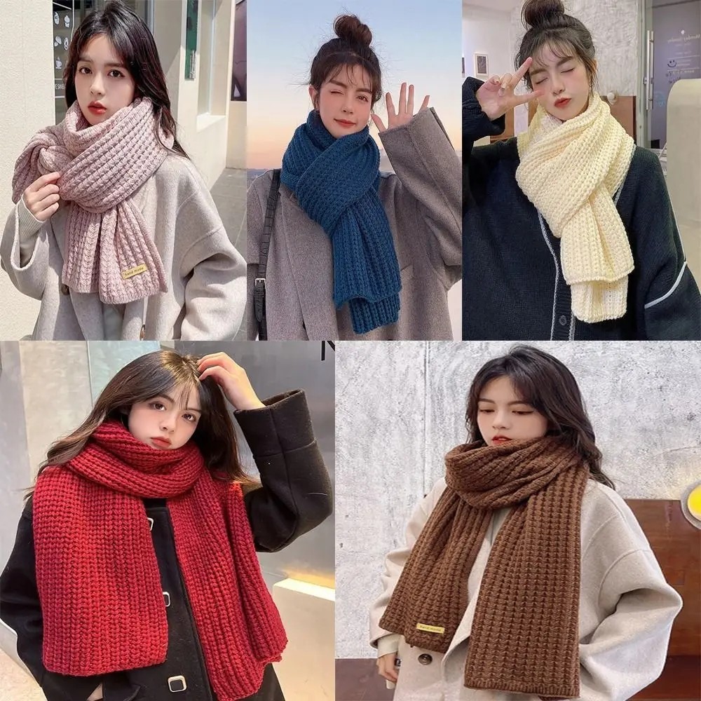 ผ้าพันคอถักหวานสําหรับผู้หญิงสาวนักเรียนใหม่ฤดูใบไม้ร่วงฤดูหนาวสีทึบผ้าพันคอที่อบอุ่นนุ่มถักผ้าคลุมไหล่หญิง