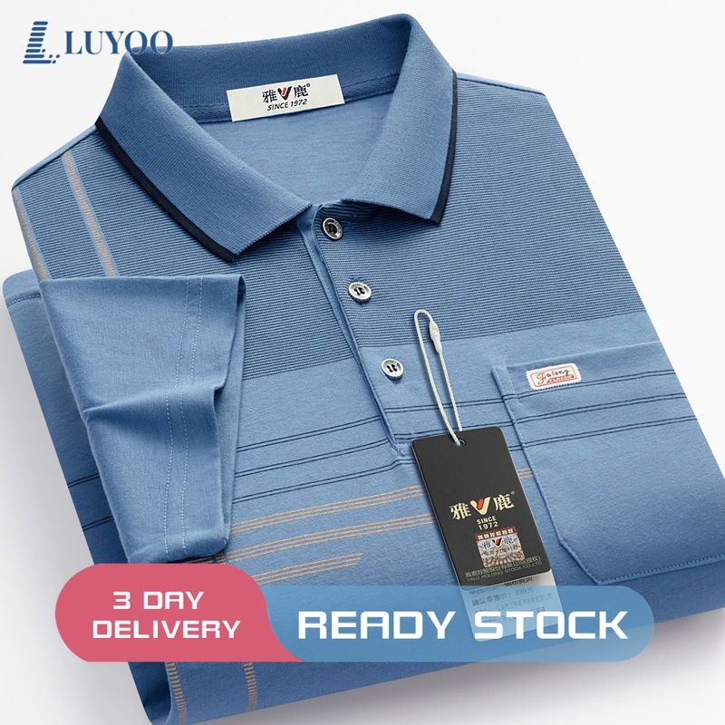 เสื้อโปโลธุรกิจ LUYOO สําหรับผู้ชายเสื้อโปโลลายทางผ้าฝ้ายเสื้อยืดลําลอง