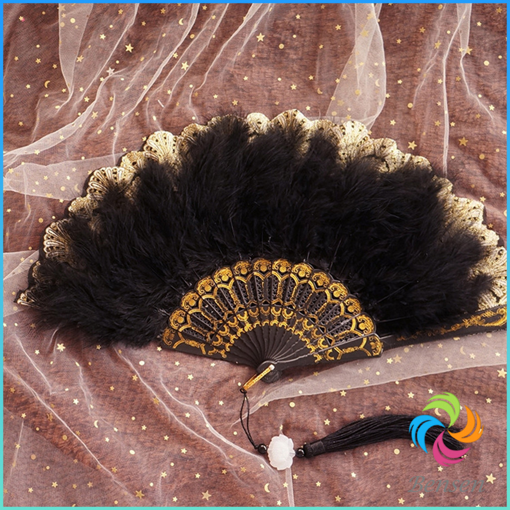 Bensen พัดจีนขนนกแต่งการเพนท์ลายไทยสีทอง พัดเต้นรํา สไตล์โลลิต้า พัดจีนขนนก มี 4 สี Feather Fan - รูปที่ 5