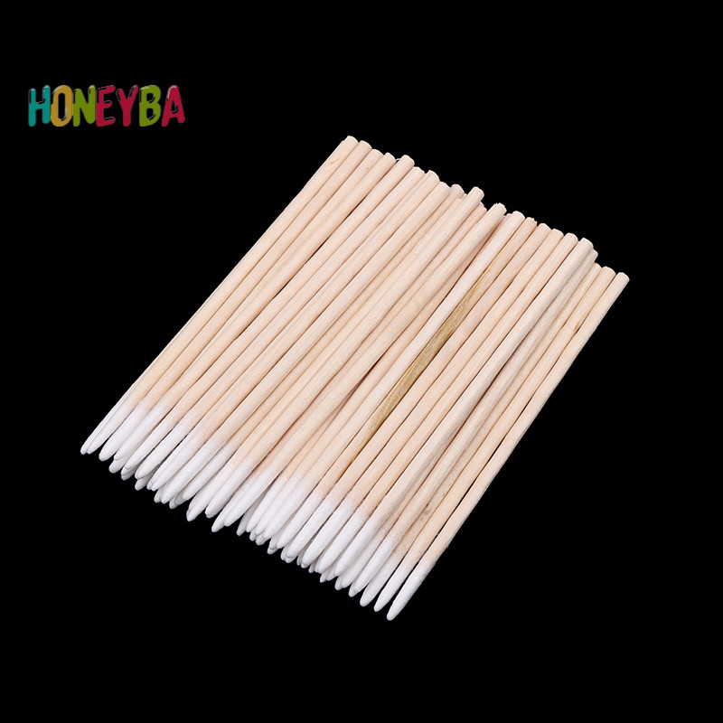 <Honeyba> 100ชิ้นทิ้งสําลีขนาดเล็กพิเศษผ้าสําลีฟรีไมโครแปรงไม้สําลีก้านต่อขนตากาวถอดเครื่องมือดี