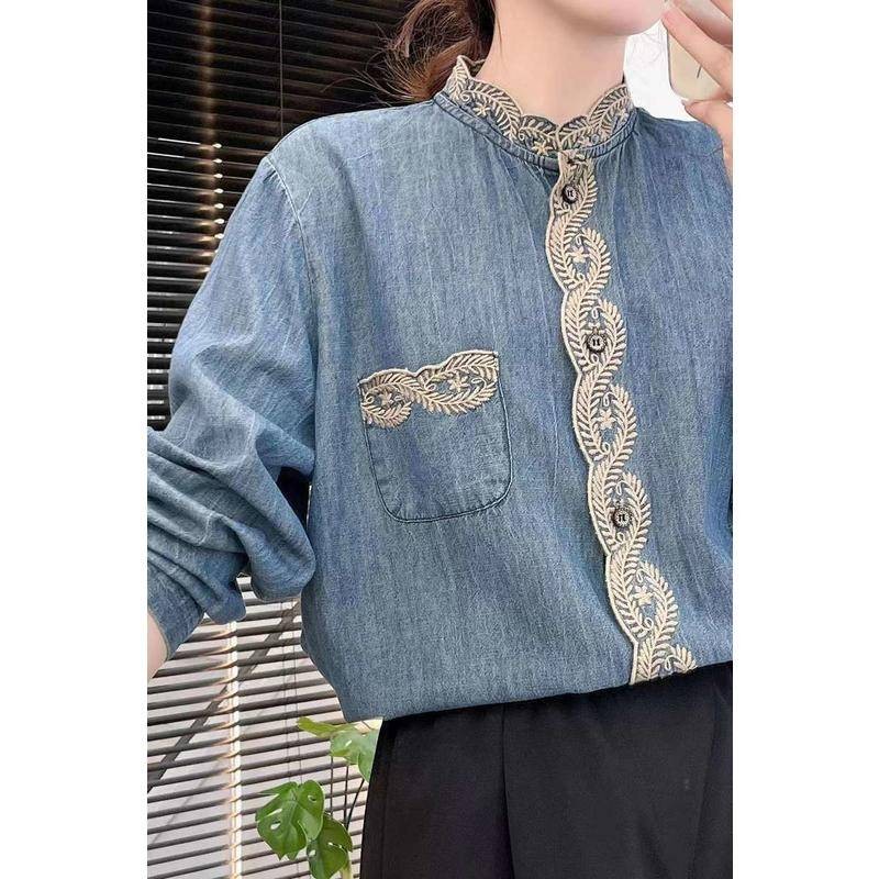 แบรนด์ผู้หญิงสั่งซื้อเดิม// จริงยิงการ์ตูนปักล้างเสื้อยีนส์แขนยาวสุภาพสตรีฤดูใบไม้ผลิฤดูใบไม้ร่วงผ้าฝ้ายเป็นมิตรกับผิวด้า