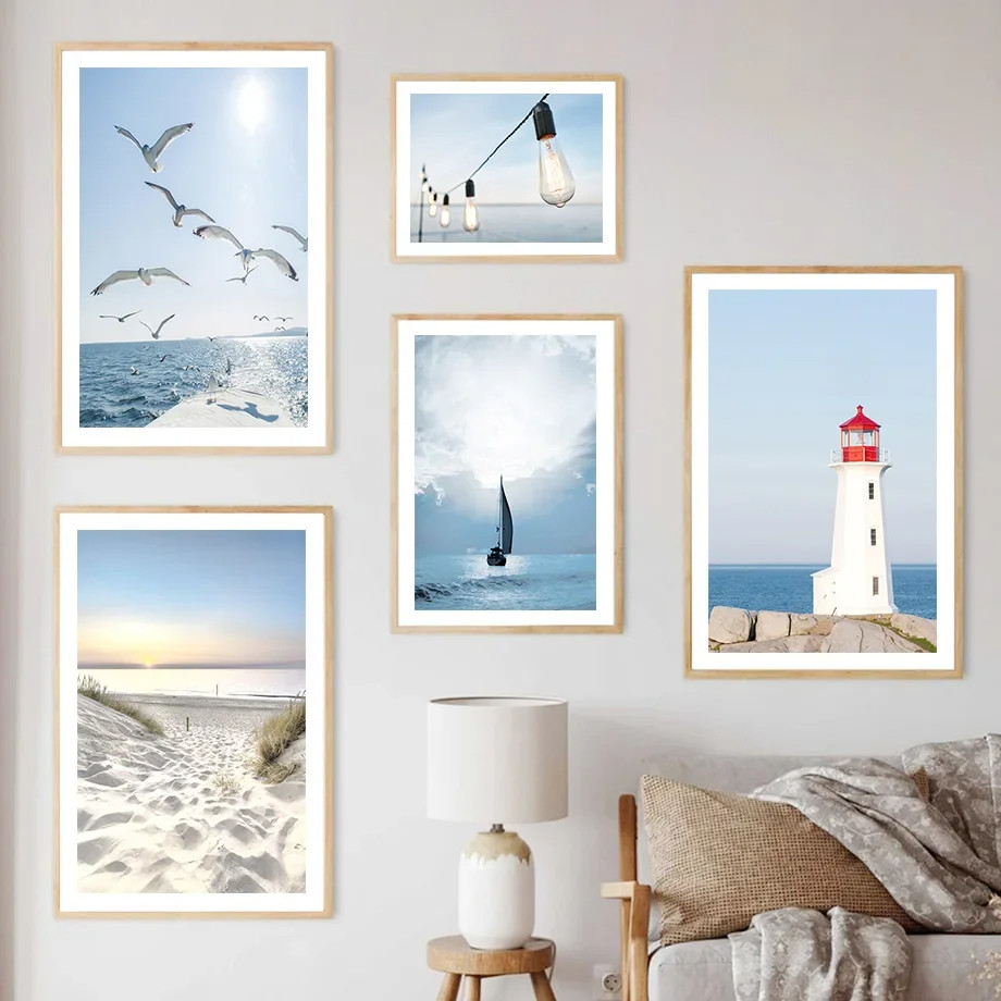 (พร้อมกรอบ) Ocean Lighthouse Palm Tree Bird LandscapeWall Art ภาพวาด Nordic โปสเตอร์พิมพ์ห้องนั่งเล่นตกแต่งภาพวาดผนัง
