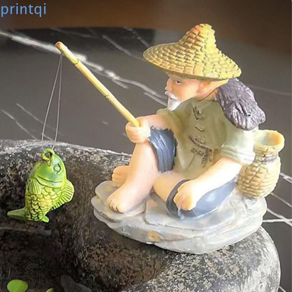 Printqi ตกปลา Old Man, เครื่องประดับสวนโต๊ะหัตถกรรมรูปเรซิน, สวนบอนไซตกแต่งบ้าน Micro-Landscape นั่งรูปปั้น