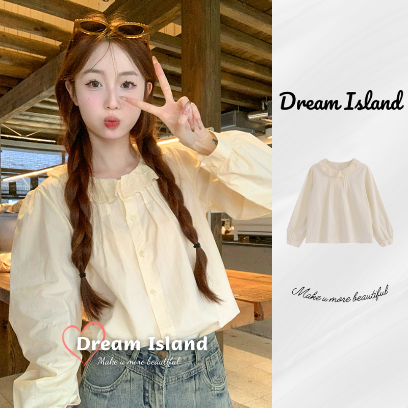 เสื้อเชิ้ตแขนยาวคอตุ๊กตาคอลูกไม้สไตล์ฝรั่งเศสทรงหลวมแมทช์ลุคง่ายแนวอาร์ตๆสดใสสำหรับวัยรุ่น