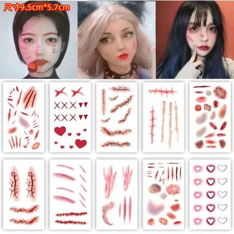 สติ๊กเกอร์รอยสักชั่วคราว สติ๊กเกอร์รอยสักฮาโลวีน จําลองเลือดออกตามไรย์ แผลปลอม รอยกัด รอยเย็บ แผลเป็น ปาร์ตี้ แต่งหน้าบาร์ สติ๊กเกอร์หน้าติดทน 15วัน