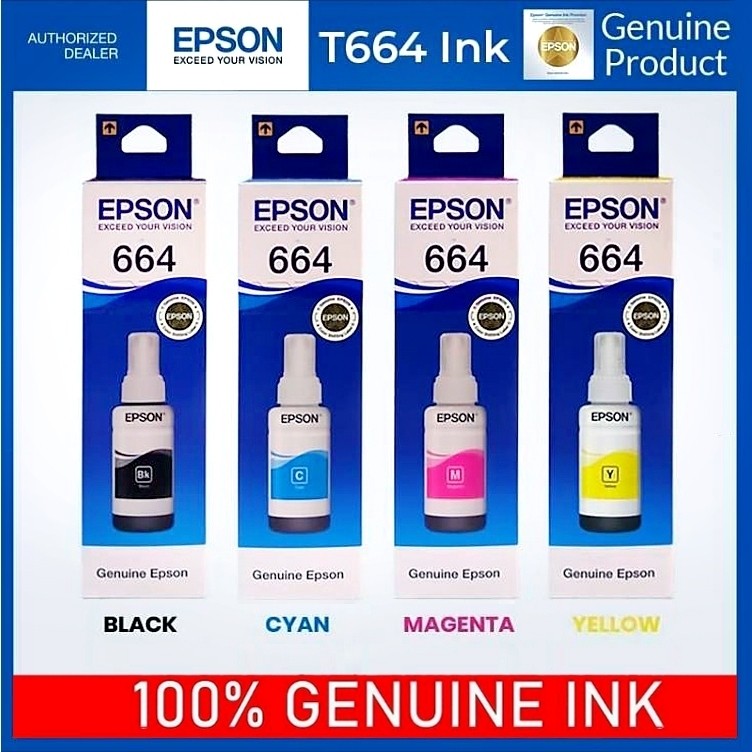 หมึกเติมของแท้ （มีกล่องอย）epson 664 ราคาถูกหมึกแท้ 100% T664 L100 L120 L200 L210 L220 L360 L365 / L405 / L455 /L550 L555