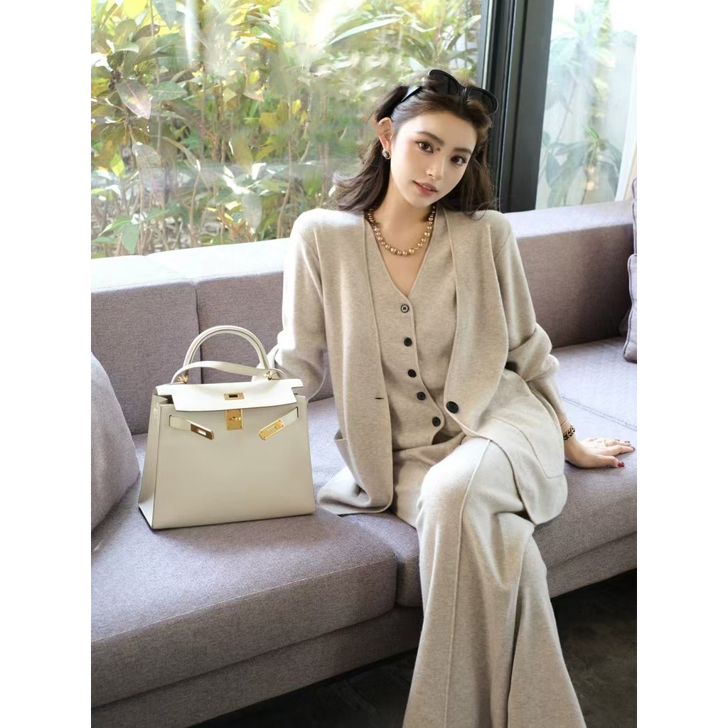 ขายร้อน! F & X ชุดถักชุดแฟชั่นผู้หญิงฤดูใบไม้ร่วงและฤดูหนาวใหม่หลวมสวมด้านนอกเสื้อกั๊กถักกางเกงขากว้างชุดสามชิ้นอินเทรนด์
