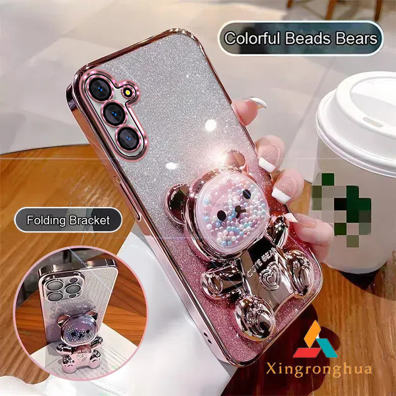 SAMSUNG ปลอกsamsung A55 A15 A25 A35 A05S A04S A14 A24 A34 A54 5Gเคสโทรศัพท์TPU 3Dที่มีสีสันลูกปัดหมีสเตอริโอขาตั้งซิลิโคนหรูหราElectroplated soft caseo