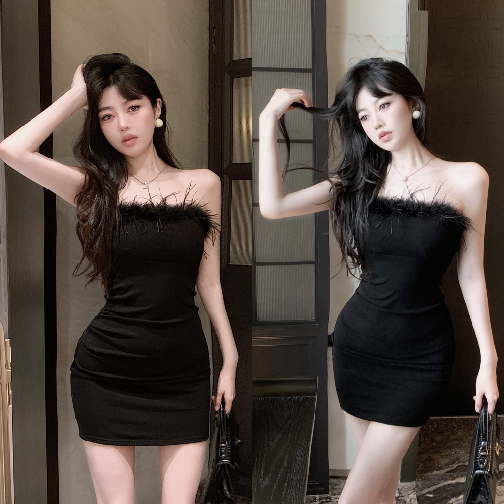 💞Soroh💞ชุดมินิเดรส สีพื้น เกาะอก เปิดไหล่ ดีเทลแต่งขนมุงมิ้ง🌹เดรสสั้น เข้ารูป เซ็กซี่ ทรงสวย ชุดราตรี💕#FY2490