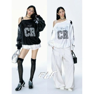 ELFwoo อเมริกันย้อนยุคกว้างพอดีสลิมมิ่งไหล่ลาดเย็บปักถักร้อย…