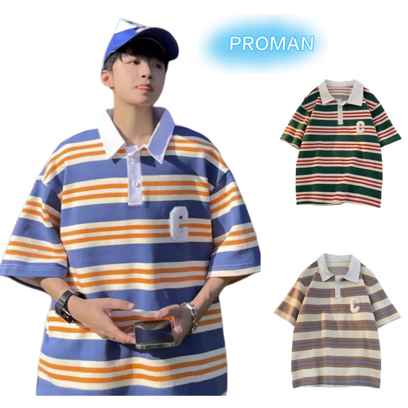 PROMAN-พิมพ์ลาย ลายทาง  POLOเสื้อ ชาย สีผสม แนววินเทจ แฟชั่น แมทช์ลุคง่าย
