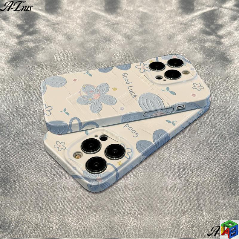 ภาพวาดสีน้ํามันสีฟ้า ดอกไม้ Apple 16/15promax เคสโทรศัพท์ ฟิล์ม iPhone11/12/13Pro Max 14plus 7/8plus Xsmax เคสแข็ง