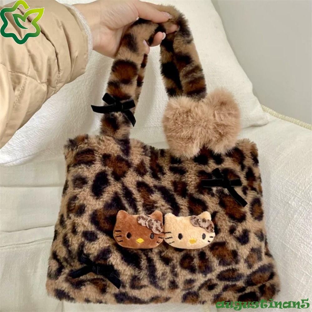 Augustinan กระเป๋าถือตุ๊กตาคิตตี้,หวานนุ่มขนยาว Y2k Faux Fur Tote กระเป๋า, Kawaii เสือดาวพิมพ์กระเป๋าเดินทางอะนิเมะฤดูหนาว Tote กระเป๋าสาว