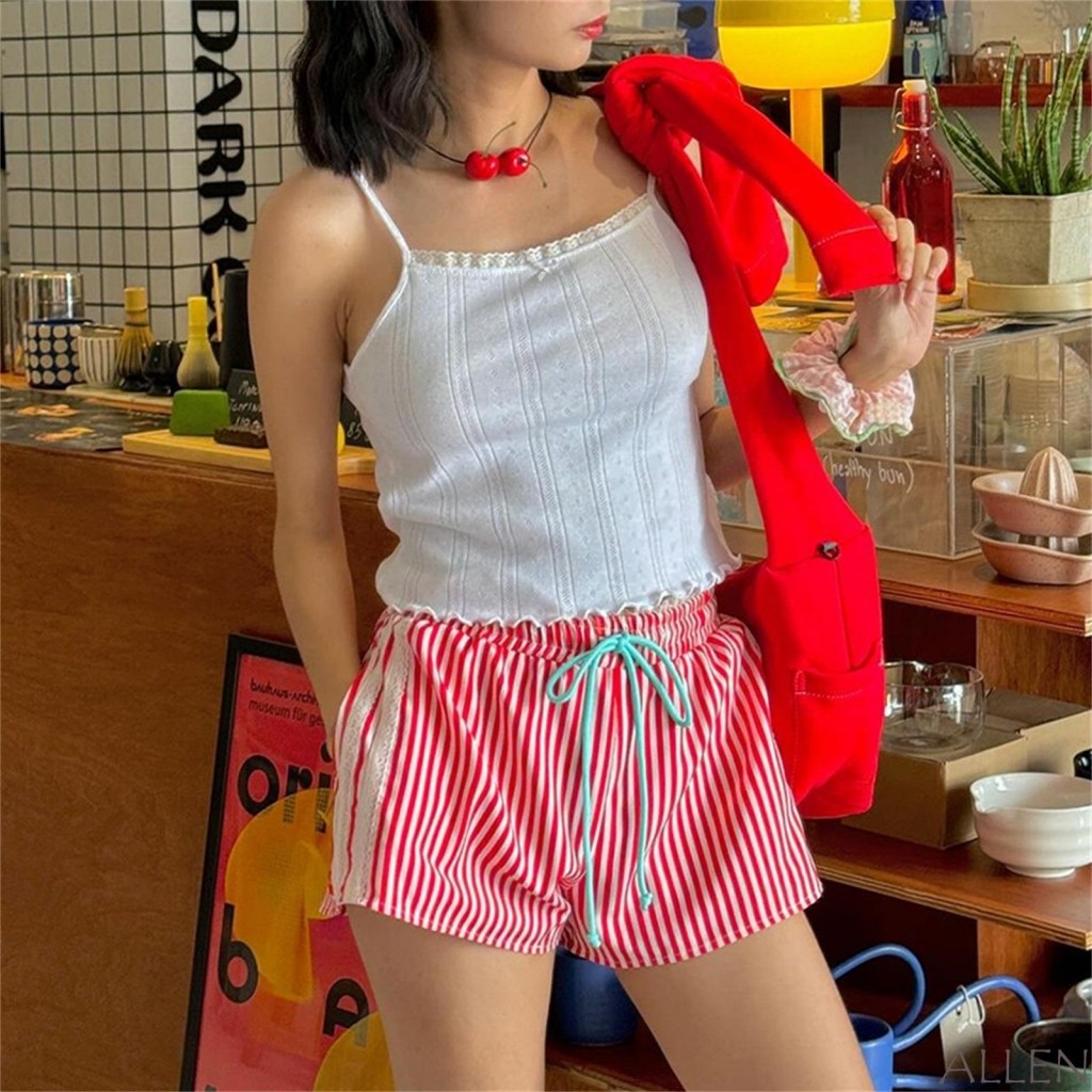 Allen-กางเกงขาสั้นลายทางของผู้หญิงลูกไม้ตัดเอวยางยืด เชือกรูด กางเกงขาสั้นลําลองสําหรับฤดูร้อนสตรีทแวร์ - รูปที่ 2