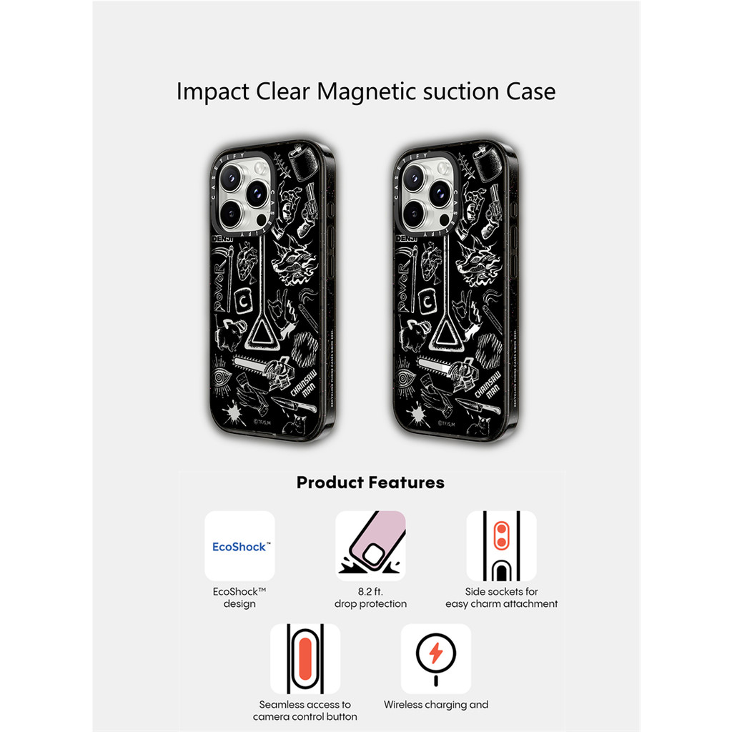 Casetify X Chainsaw Man Motif-B กรณีแม่เหล็กดูด Hard อะคริลิคด้านหลังสําหรับ Apple IPhone 12 13 14 15 16 Pro Max Plus พร้อมกล่อง